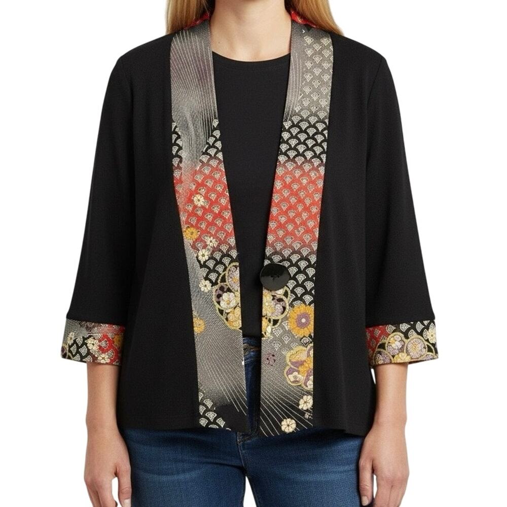 Black Open-Front Floral Trim Jacket Top